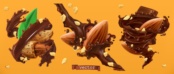 Almond nuts and chocolate splashes. 3d realistic vector