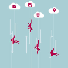 Business team airborne from the clouds. The background is white.