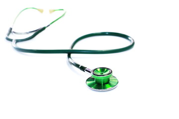 Green stethoscope. Stethoscope check heart .Stethoscope show good health and caring concept. 