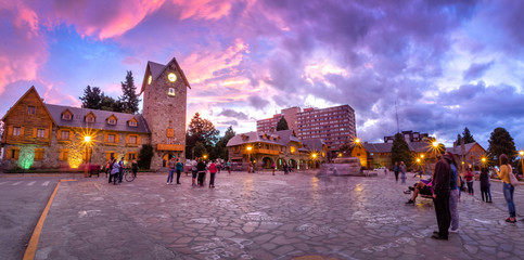 Civic Center (Centro Civico) and main square in downtown Bariloche at sunset - Bariloche, Patagonia, Argentina - obrazy, fototapety, plakaty