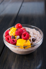 raspberry mango and dark chocolate chip in overnight oats