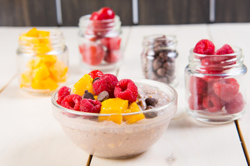raspberry mango and dark chocolate chip in overnight oats