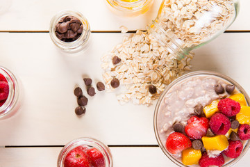 raspberry mango and dark chocolate chip in overnight oats