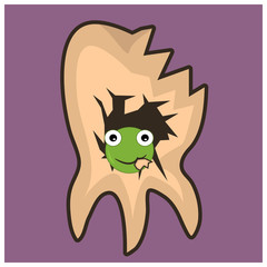 Cavity vector on  plum background. caterpillars feed on teeth