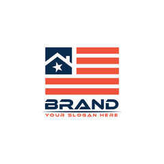 Line House logo vector on American flag. Flat logo design. Abstract House.