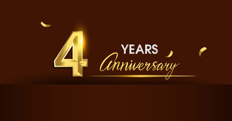 4 years anniversary celebration logotype. anniversary logo with golden color and gold confetti isolated on dark background, vector design for celebration, invitation card, and greeting card