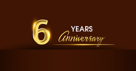 6 years anniversary celebration logotype. anniversary logo with golden color and gold confetti isolated on dark background, vector design for celebration, invitation card, and greeting card