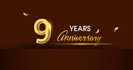 9 years anniversary celebration logotype. anniversary logo with golden color and gold confetti isolated on dark background, vector design for celebration, invitation card, and greeting card