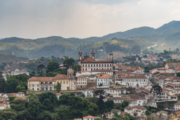 Fototapeta na wymiar Panoramic view of the old colonial city of Ouro Preto among the mountains in Minas Gerais, Brazil