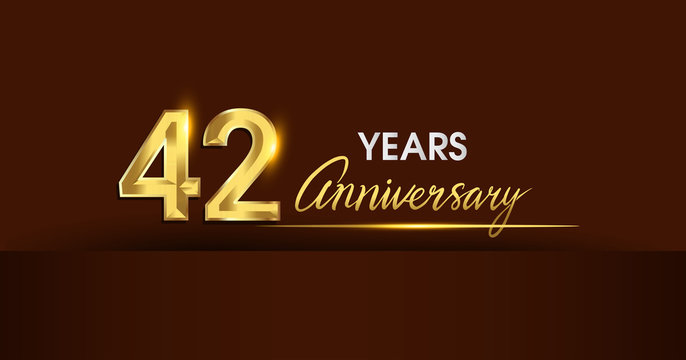 42 years anniversary celebration logotype. anniversary logo with golden color and gold confetti isolated on dark background, vector design for celebration, invitation card, and greeting card