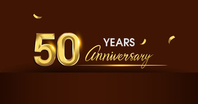 50 years anniversary celebration logotype. anniversary logo with golden color and gold confetti isolated on dark background, vector design for celebration, invitation card, and greeting card