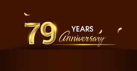 Obraz premium 79 years anniversary celebration logotype. anniversary logo with golden color and gold confetti isolated on dark background, vector design for celebration, invitation card, and greeting card