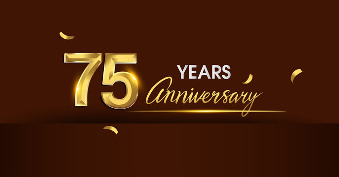 75 years anniversary celebration logotype. anniversary logo with golden color and gold confetti isolated on dark background, vector design for celebration, invitation card, and greeting card