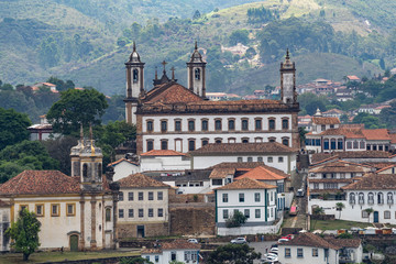 Old colonial city of Ouro Preto among the mountains in Minas Gerais, Brazil