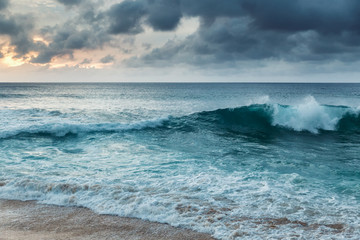 Beautiful shoreline at tropical sandy beach in Oahu island, Hawaii