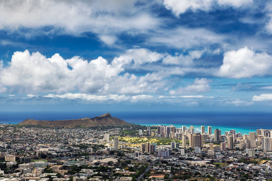 View of Honolulu city, Waikiki and Diamond Head from Tantalus lookout, Oahu, Hawaii