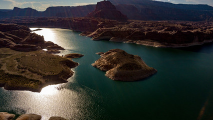 Aerial view of Lake Powell near Navjo Mountain, San Juan River in Glen Canyon with colorful buttes,...