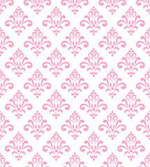 Wallpaper classic style of Baroque, seamless pink and white damask pattern, floral decorative background for design, texture, wall, fabric and silk, vector illustration
