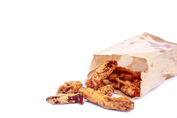 Fried crispy banana, sliced banana fried with flour on white background.