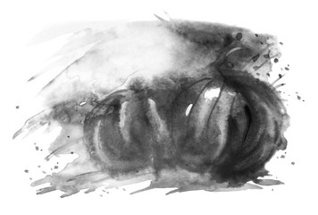 Watercolor abstract blur, outline pumpkin, spray, splash paint, stains. It can be used as background for greeting cards, invitations for Halloween. Art card with a beautiful splash of paint.  