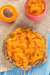 Fresh prepared sandwich with apricot marmalade, healthy sweet snack concept