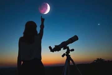 Fototapeten Girl looking at lunar eclipse through a telescope. My astronomy work. © astrosystem