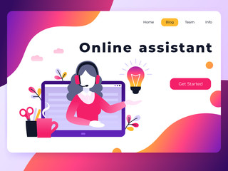 Concept customer and operator, online technical support 24-7 for web page. Vector landing page template female hotline operator advises client. Online assistant, virtual help service.