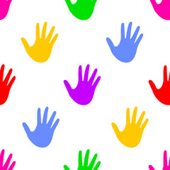 Colorful human hand print. Seamless pattern. Vector illustration isolated on white background.