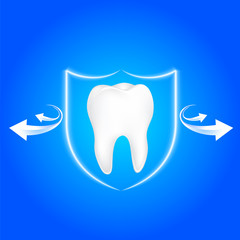 Human tooth protected from bacteria by shield  protection. Icon design. Dental care concept, illustration.