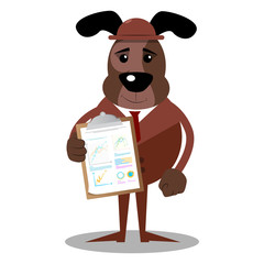 Cartoon illustrated business dog shows finance report.