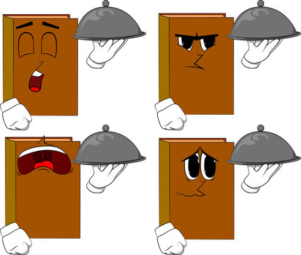 Books holding silver cloche in hand. Cartoon book collection with sad faces. Expressions vector set.
