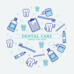 Dental care concept in circle, teeh and dentist equipment in outline cartoon style