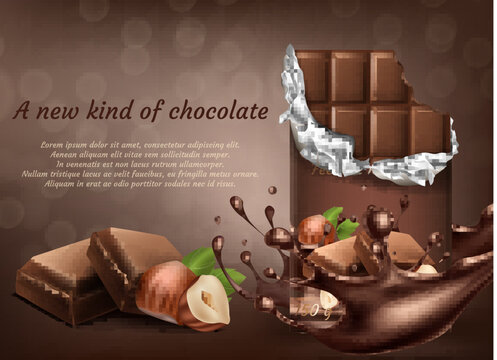 Vector 3d realistic chocolate with hazelnut ad poster, banner with liquid splashing drops. Brown delicious bars in package. Cocoa tasty product, yummy dark dessert. Mock up of packaging