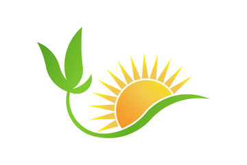 Green bio-solar energy. Plant and Sun logo vector