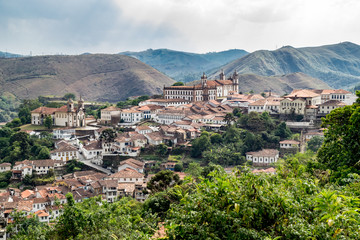 Panoramic view of the old colonial city of Ouro Preto among the mountains in Minas Gerais, Brazil