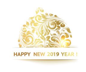 Christmas ball with curves over white background. The sign happy new year 2019 at the bottom. Vector illustration.