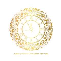 New Year white background with golden clock. Old clock with roman numbers. Vintage clock over white. Vector illustration.
