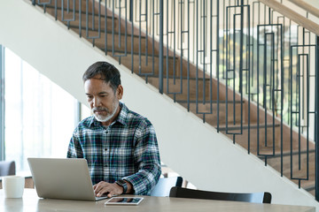 Smiling attractive mature man with white, grey stylish short beard using smartphone gadget serving internet in modern office,co-working space or coffee shop. Old man using social network technology.