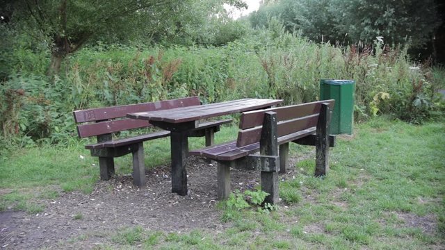 A Picknicbench with a Garbagebin next to it in Nature.
