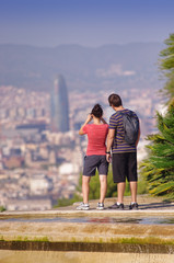 couple taking photos in Barcelona city, Spain