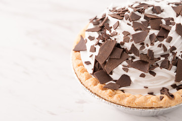 chocolate cream pie with chocolate shavings