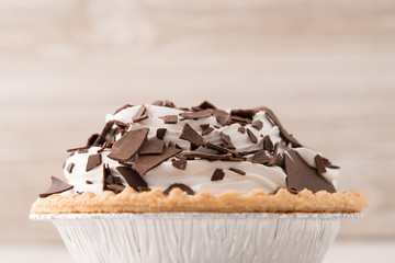 chocolate cream pie with chocolate shavings