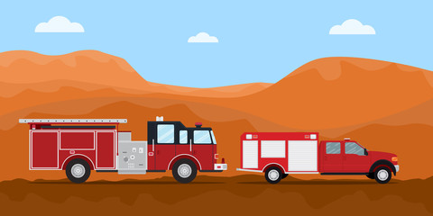 firefighter truck fire extinguisher on the road convoy with mountain desert dry as background vector graphic illustration