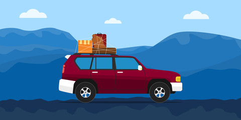truck house moving on the road with blue mountain as background vector graphic illustration