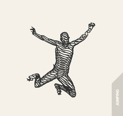 Jumping man. Freedom concept. 3d vector Illustration. Wire connection to virtual reality.