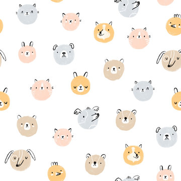 Cute animal faces seamless pattern
