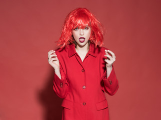 Glamour concept. Woman with glamour look. Fashion woman in glamour wig. Addicted to glamour