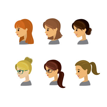 Set of Cartoon caucasian female profile avatars
