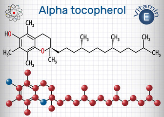 Alpha tocopherol ( vitamin E) molecule. Structural chemical formula and molecule model. Sheet of paper in a cage