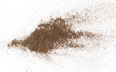 Fototapeta na wymiar Ground black pepper, powder pile, peppercorn isolated on white background, top view